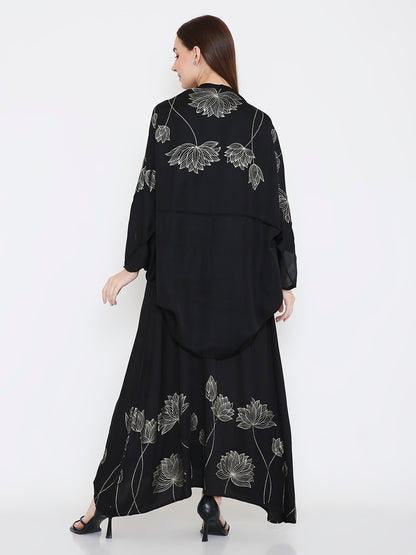 Back view of black shrug, breathable rose fabric lightweight feel Moon N Lotus