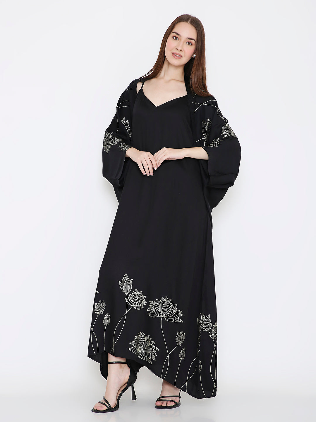 Black zero waste shrug styled for women, elegant evening and festive layering look Moon N Lotus
