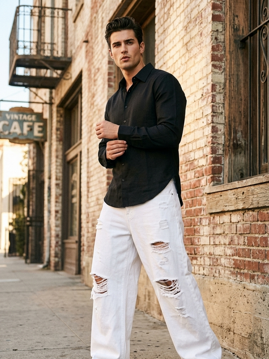 Black slim fit shirt in cotton hemp fabric by Moon N Lotus, breathable lightweight shirt for men