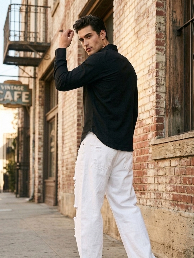 Back view of black slim fit shirt, tailored fit comfortable men’s wear Moon N Lotus