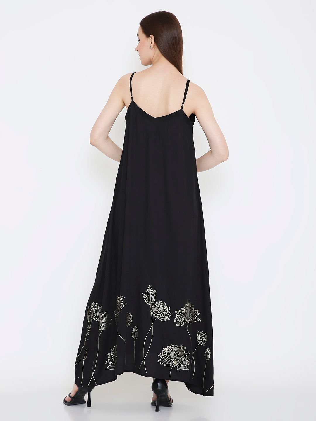Front view of black slip dress for women, minimal elegant silhouette Moon N Lotus