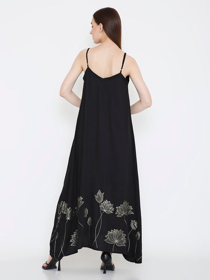 Front view of black slip dress for women, minimal elegant silhouette Moon N Lotus