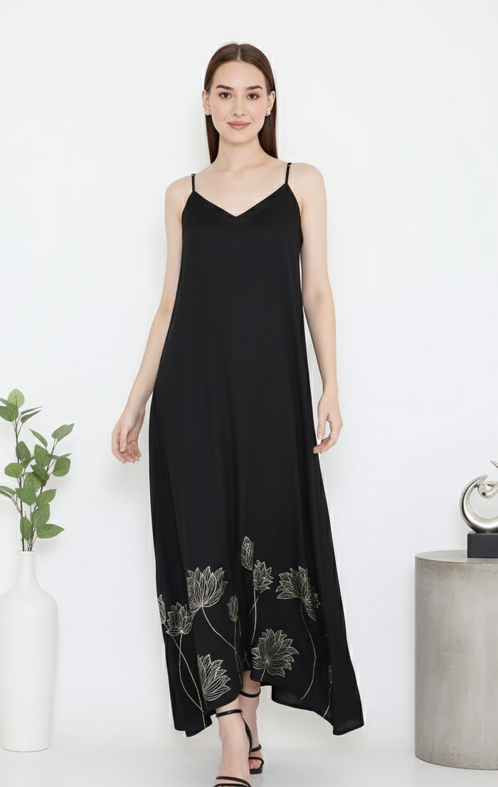 Black slip dress styled for women, elegant evening and festive outfit Moon N Lotus