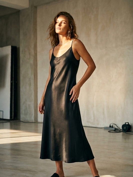 Black straight slip dress in rose fabric by Moon N Lotus, lightweight breathable elegant dress for women
