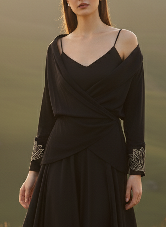 Black foiled wrap top styled for evening wear, lightweight rose fabric Moon N Lotus
