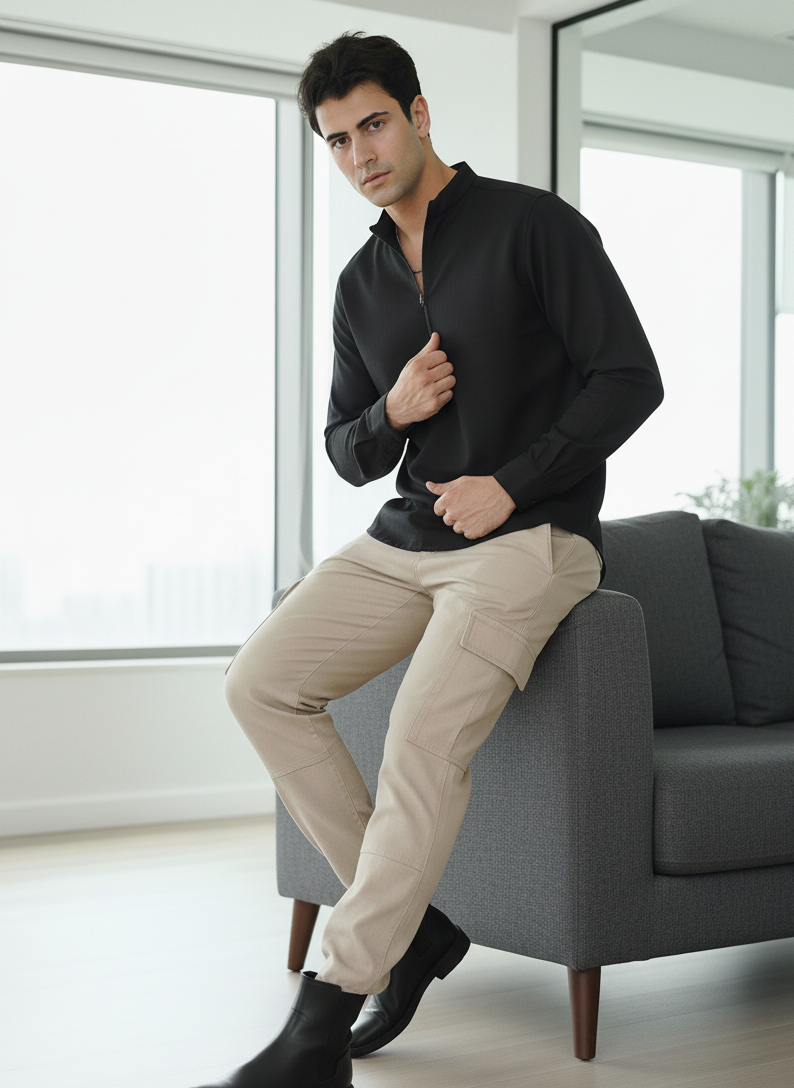 Lightweight black zipper kurta for men, perfect for casual and festive styling Moon N Lotus
