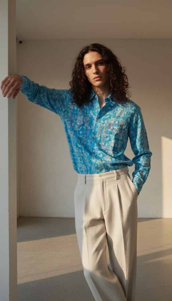 Blue floral oversized shirt for men in 100% hemp fabric by Moon N Lotus, breathable relaxed fit