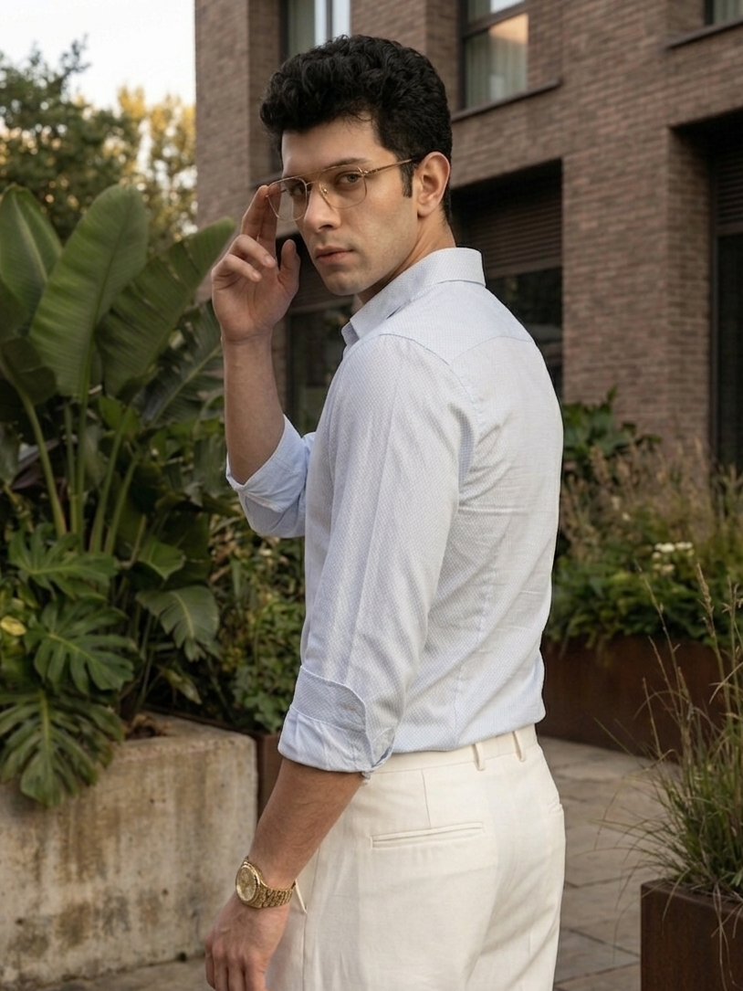 Back view of blue slim fit shirt, tailored fit comfortable men’s wear Moon N Lotus