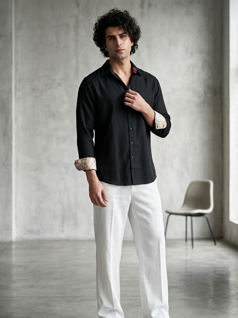 Collared black shirt in orange fabric by Moon N Lotus, lightweight breathable summer shirt for men
