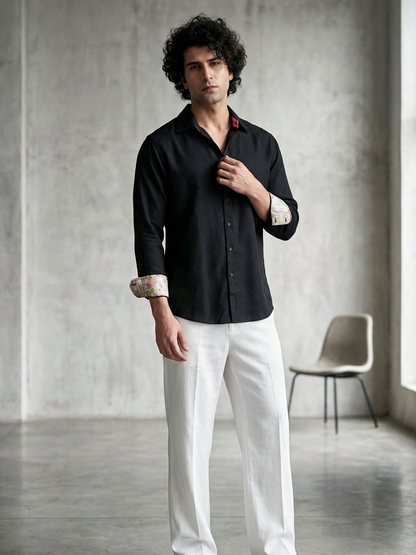 Collared black shirt in orange fabric by Moon N Lotus, lightweight breathable summer shirt for men
