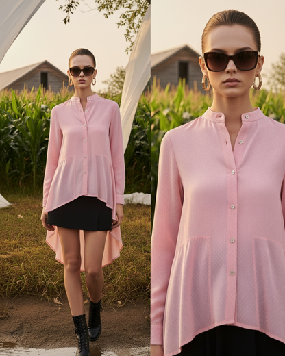Corn fabric texture detail on pink shirt, soft sustainable breathable feel Moon N Lotus
