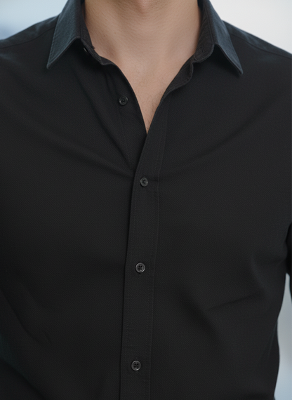 Close-up of cotton hemp fabric on black slim fit shirt, breathable premium material Moon N Lotus