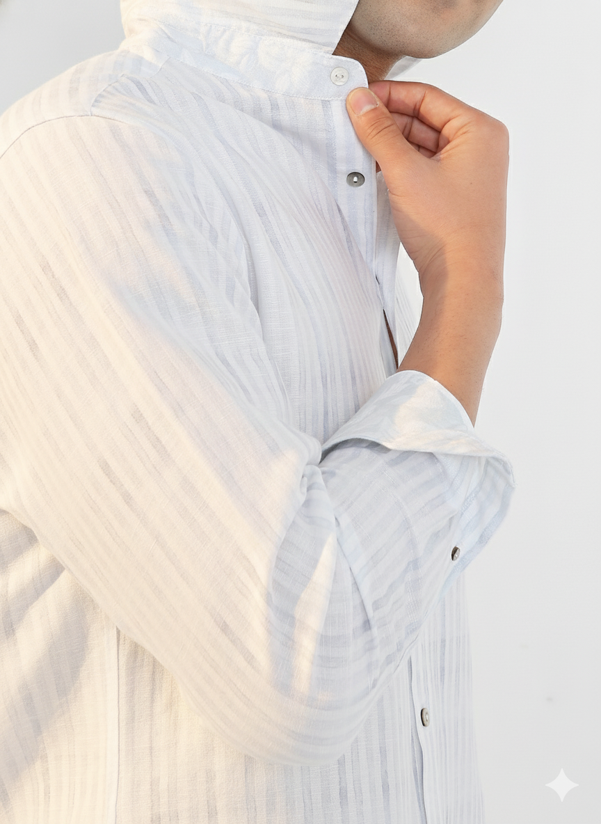 Close-up of cotton hemp fabric with stripe pattern, sustainable premium shirt Moon N Lotus