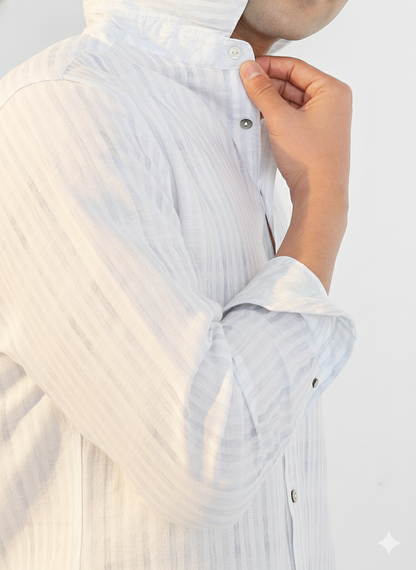 Close-up of cotton hemp fabric with stripe pattern, sustainable premium shirt Moon N Lotus