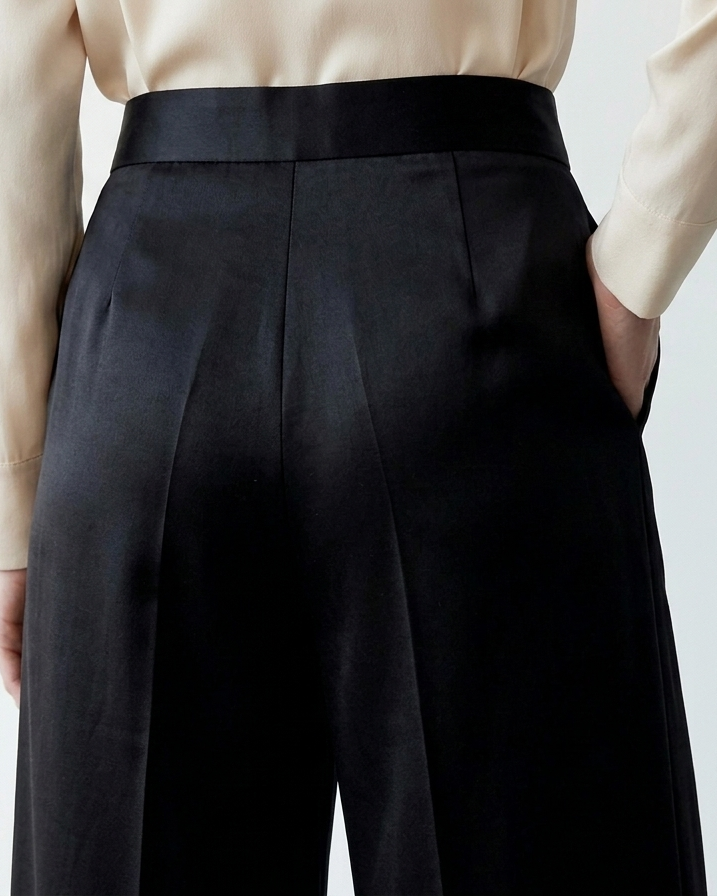 Back view of black culotte pants in rose fabric with relaxed fit Moon N Lotus