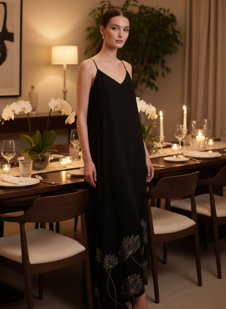 Elegant black slip dress for women, minimal luxury outfit for occasion wear Moon N Lotus