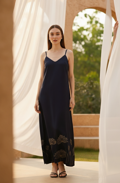 Elegant navy slip dress for women, minimal luxury outfit for occasion wear Moon N Lotus