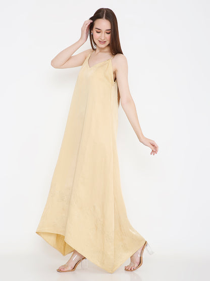 Fabric detail of gold slip dress, bamboo and rose fabric breathable sustainable material Moon N Lotus