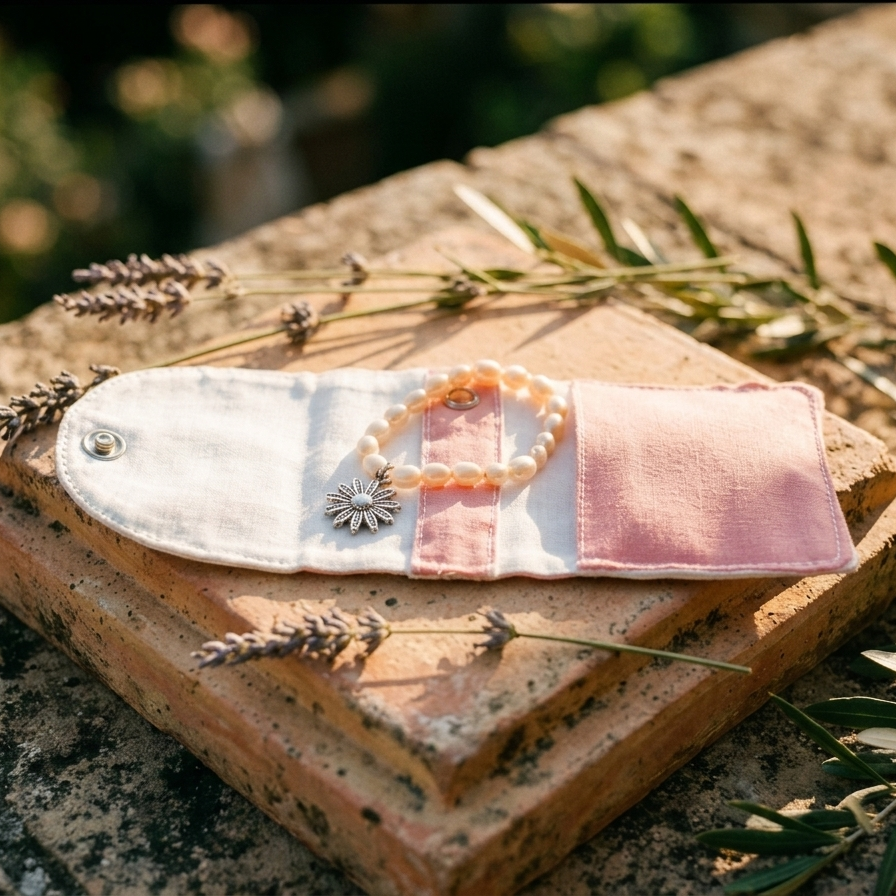 Soft rose fabric texture of small jewellery pouch, gentle on delicate accessories Moon N Lotus