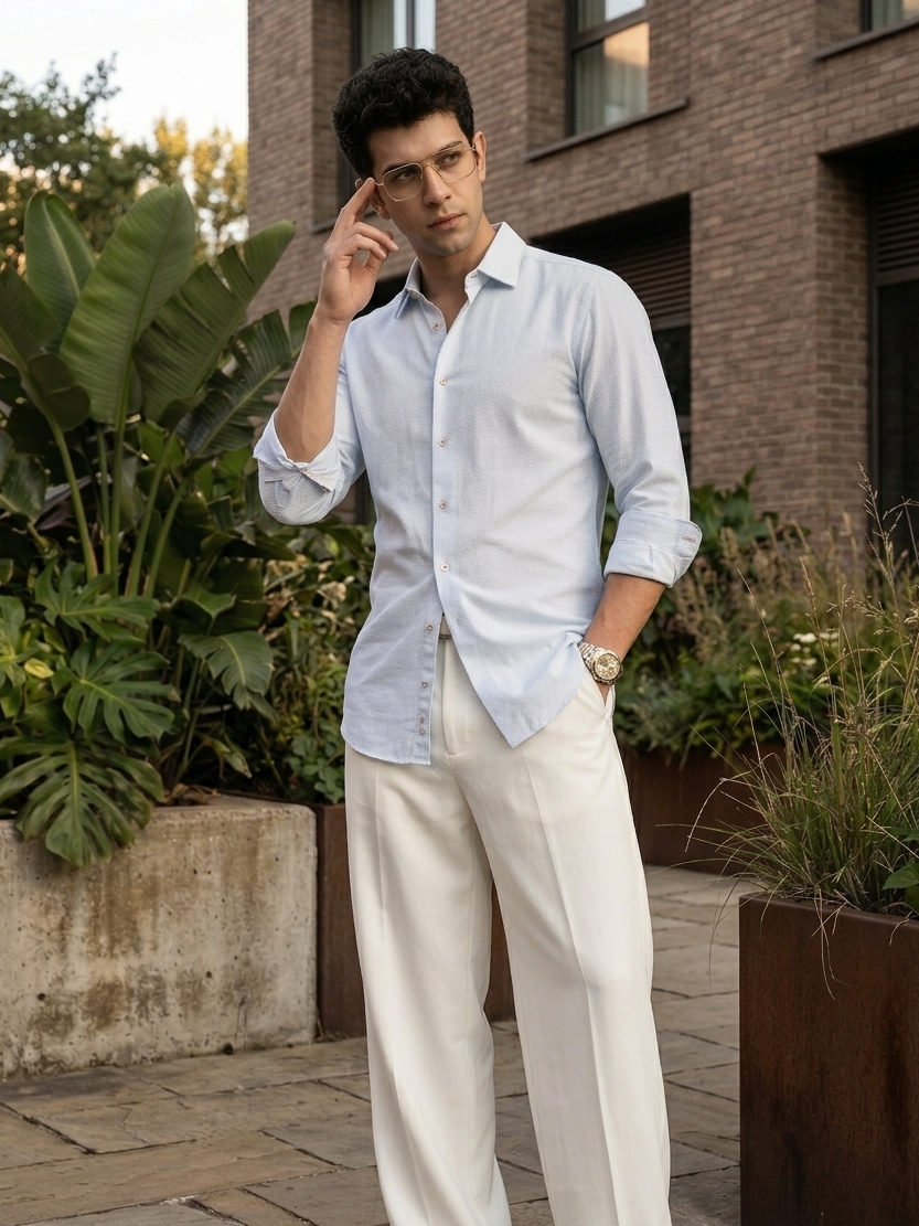 Detailed fit and structure of blue slim fit shirt, modern tailored fashion Moon N Lotus
