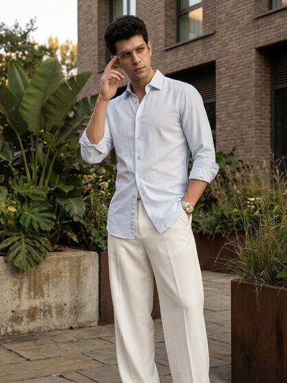 Detailed fit and structure of blue slim fit shirt, modern tailored fashion Moon N Lotus