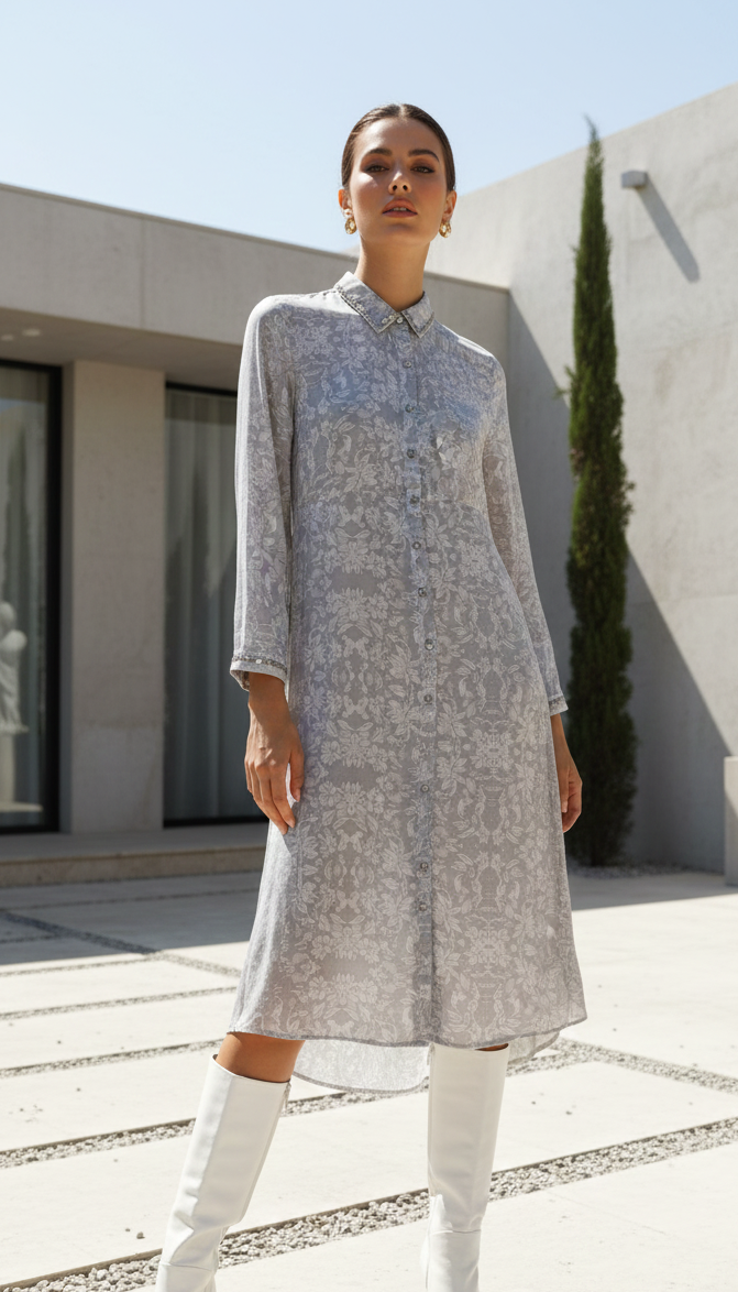 Close-up of floral print on grey shirt dress, soft minimal detailing Moon N Lotus
