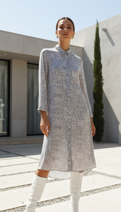 Close-up of floral print on grey shirt dress, soft minimal detailing Moon N Lotus