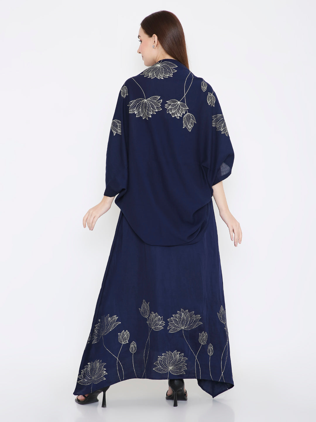 Close-up of floral foil detailing on navy shrug, elegant minimal shine Moon N Lotus