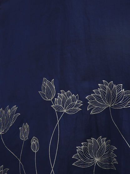 Close-up of floral foil detailing on navy slip dress, elegant subtle shine Moon N Lotus