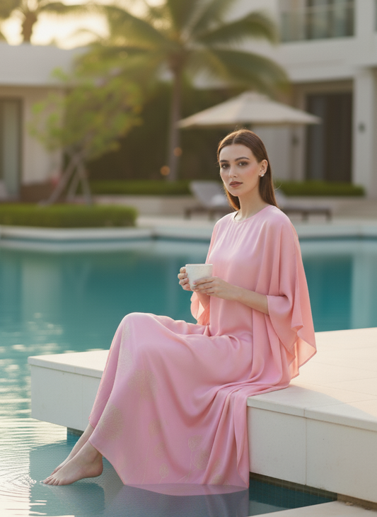 Close-up of floral foil detailing on pink kaftan, soft elegant shine Moon N Lotus