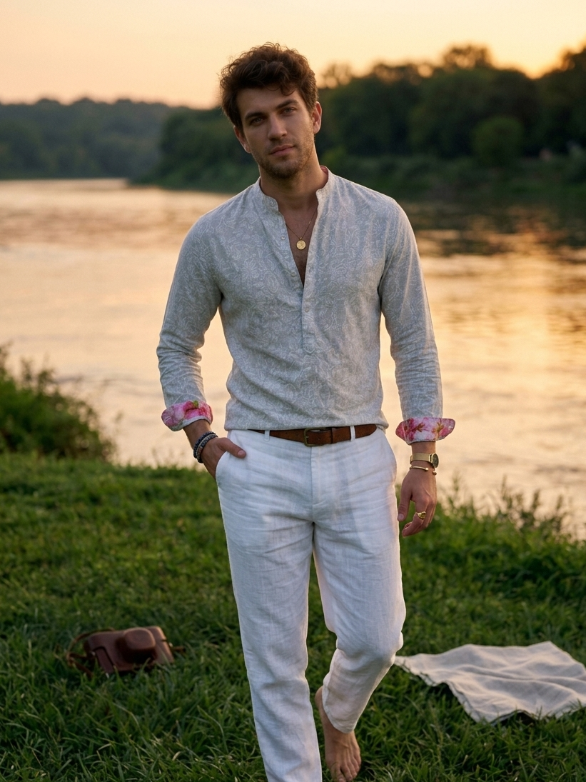 Men’s floral kurta for summer styling, breathable rose fabric Moon N Lotus