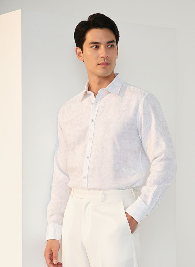 Detailed floral print on sustainable cotton hemp shirt, premium eco fashion Moon N Lotus