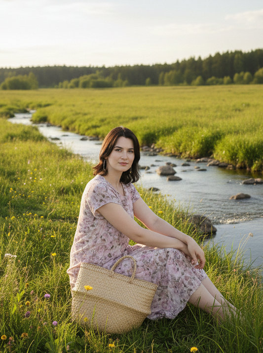 Close-up of pink floral print on orange dress, soft feminine detailing Moon N Lotus