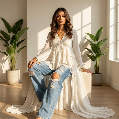 Flowy ruffle detail on high low top, lightweight breathable fabric Moon N Lotus