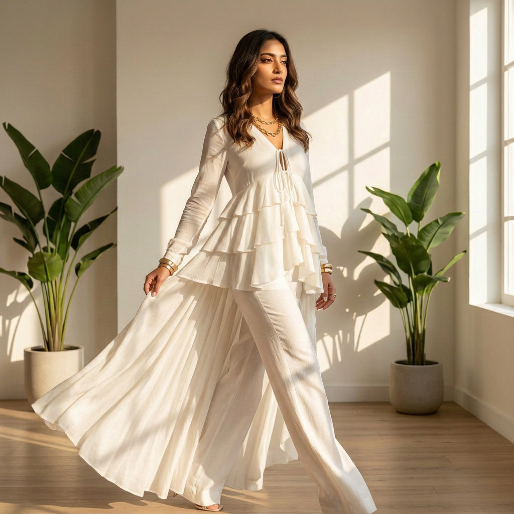 Close-up of frill detail on high low top, soft ruffle design Moon N Lotus