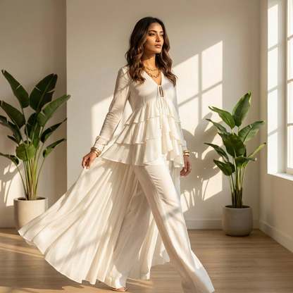 Close-up of frill detail on high low top, soft ruffle design Moon N Lotus