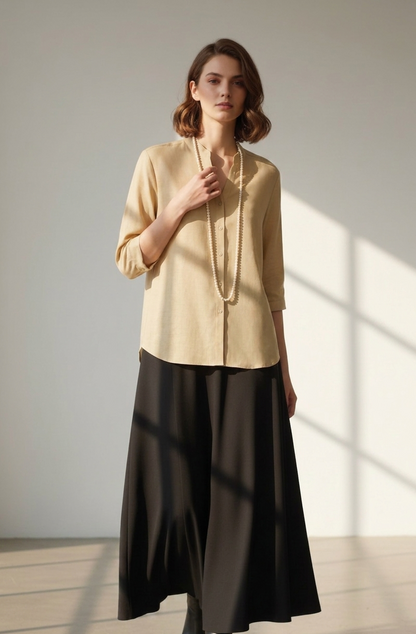 Gold casual shirt in orange fabric by Moon N Lotus, lightweight breathable shirt for women