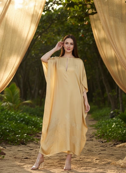 Gold floral foil kaftan for women in rose fabric, lightweight breathable festive wear Moon N Lotus