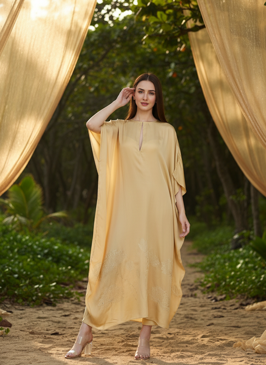 Gold floral foil kaftan for women in rose fabric, lightweight breathable festive wear Moon N Lotus