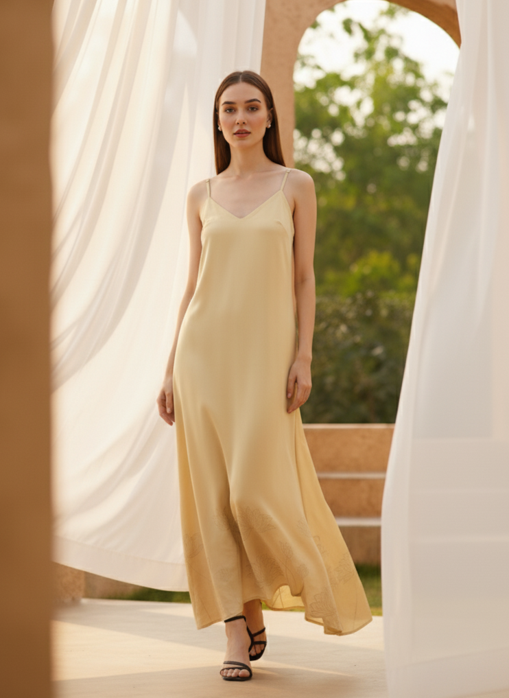 Gold floral foil slip dress for women, lightweight breathable festive dress Moon N Lotus