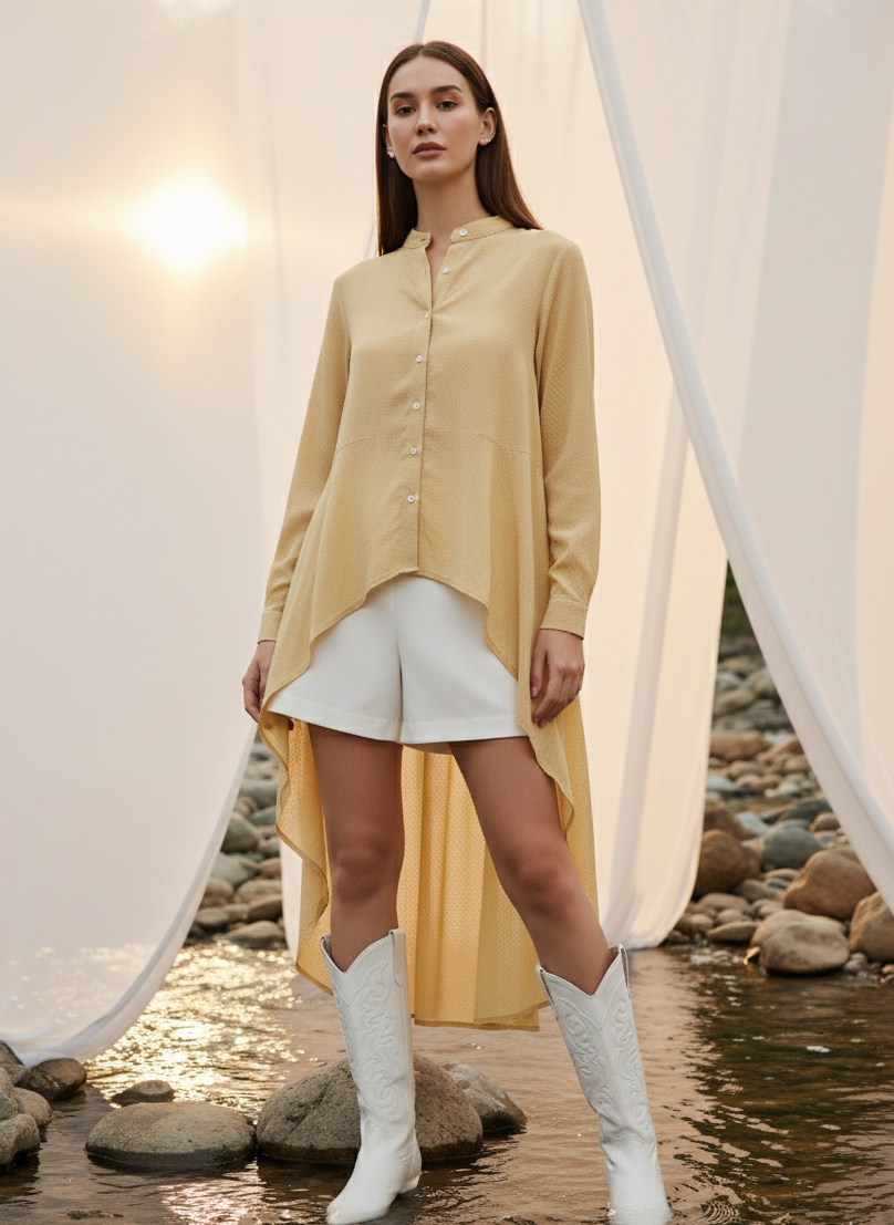 Gold high low shirt in corn fabric by Moon N Lotus, lightweight breathable sustainable wear
