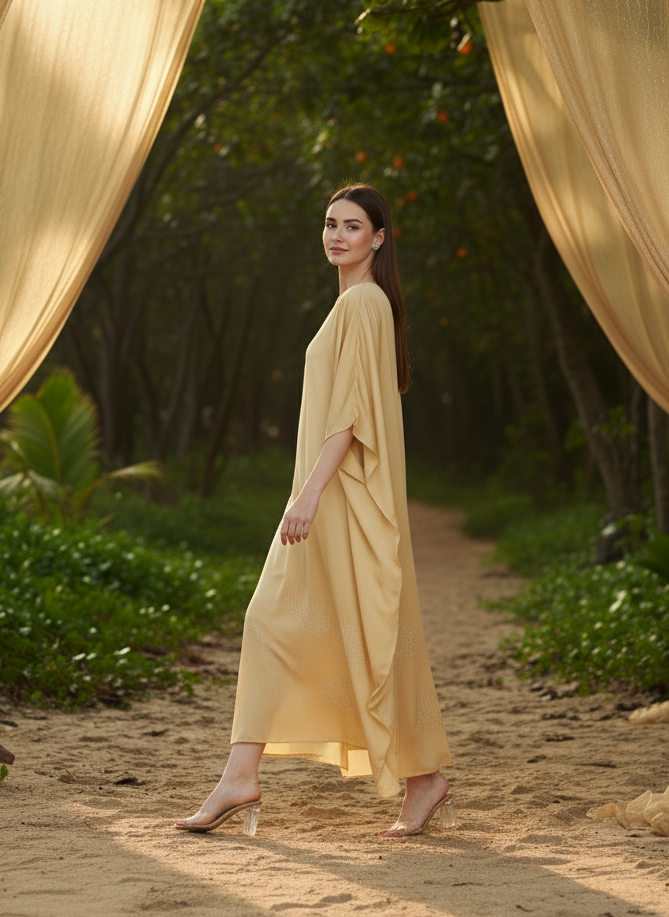 Gold floral kaftan styled for women, elegant festive and celebration look Moon N Lotus