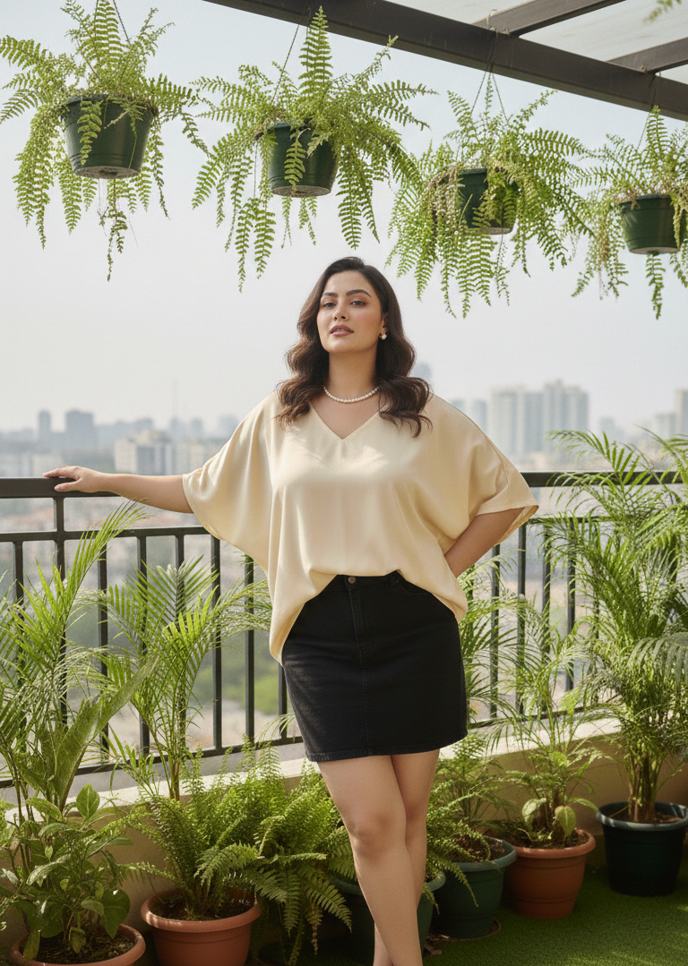 Back view of gold kimono top with relaxed fit and fluid drape