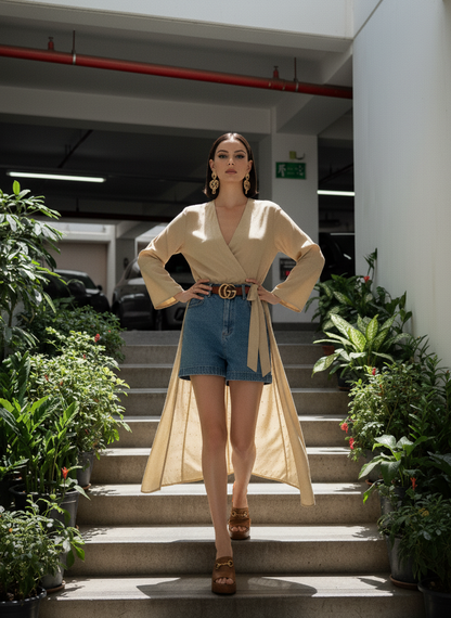 Gold floral foil kimono wrap styled for festive and evening wear, flowing silhouette Moon N Lotus