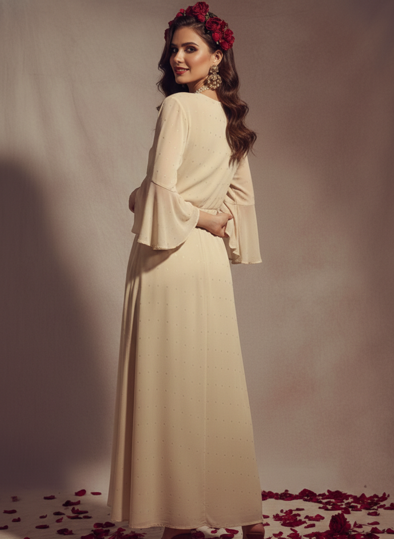 Back view of gold polka kurta dress, flowy relaxed fit comfortable wear Moon N Lotus