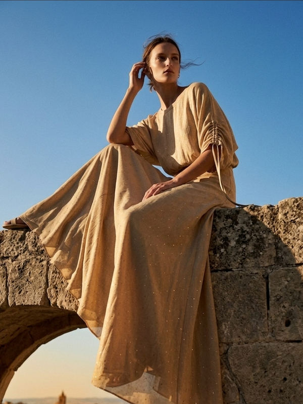 Gold polka dot circle top in rose fabric by Moon N Lotus, lightweight breathable summer wear