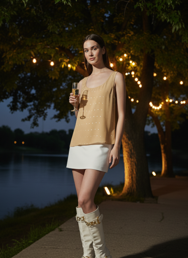 Gold reversible cami in rose fabric by Moon N Lotus, plain and polka dual-style lightweight top