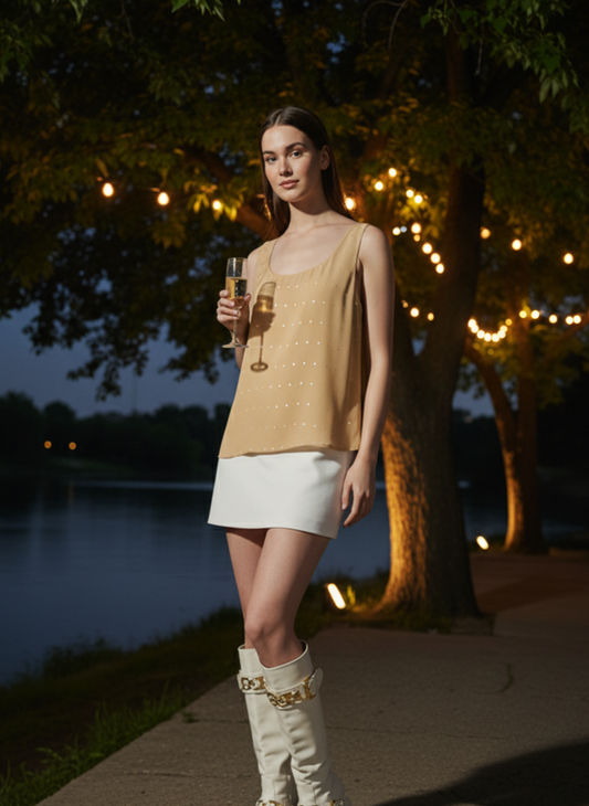 Gold reversible cami in rose fabric by Moon N Lotus, plain and polka dual-style lightweight top