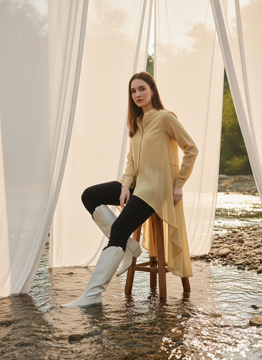 Gold high low shirt styled for casual and elevated wear, lightweight corn fabric Moon N Lotus
