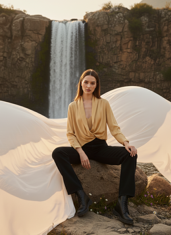 Gold short wrap top with cuff foiling in rose fabric by Moon N Lotus, lightweight elegant wear